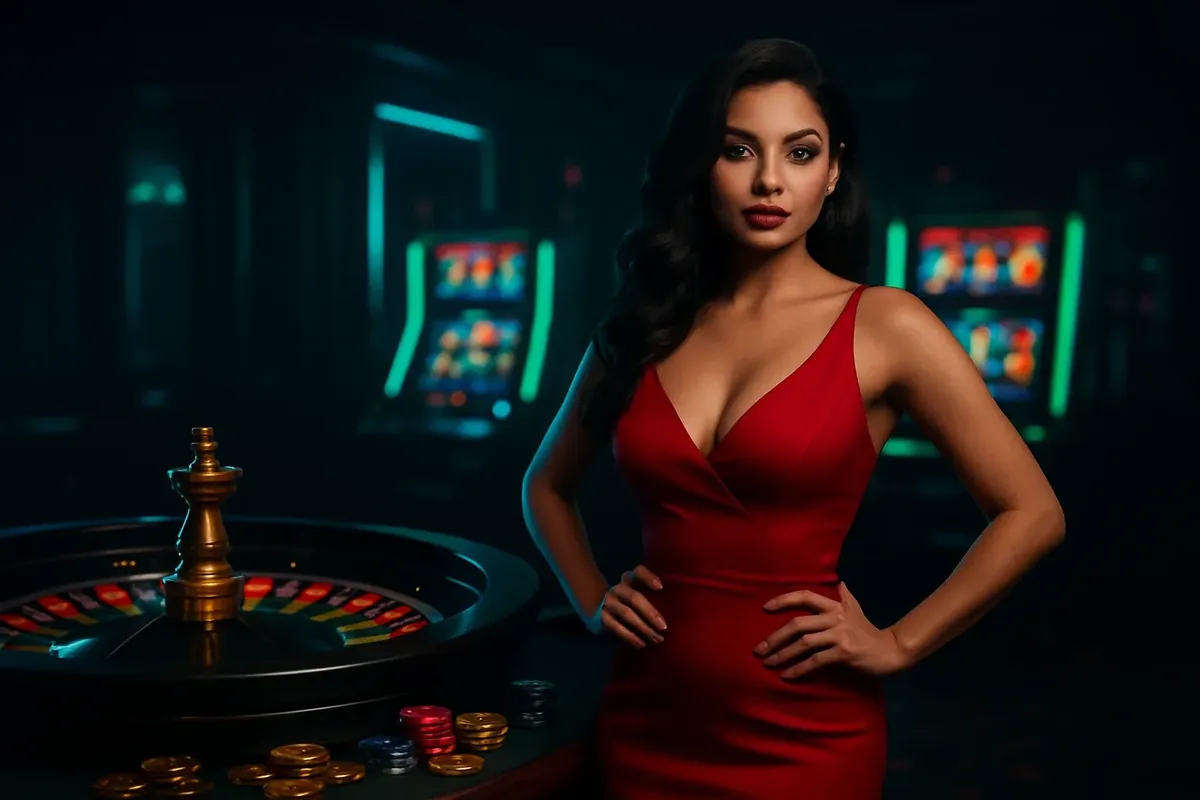 Bangladesh Casino Banner Elegant woman in red dress standing near roulette and slot machines with neon accents and casino elements