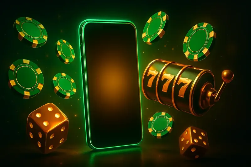 Panoramic banner with glowing smartphone, casino chips, slot reels, dice, neon green and gold accents
